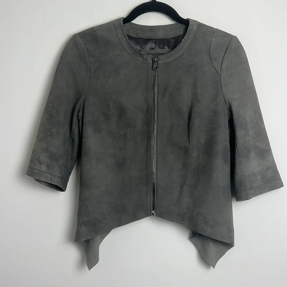 NEW My‎ Tribe Medium Grey 1/2 Sleeve Ruffle Back Leather Sharkbite Hem Jacket
